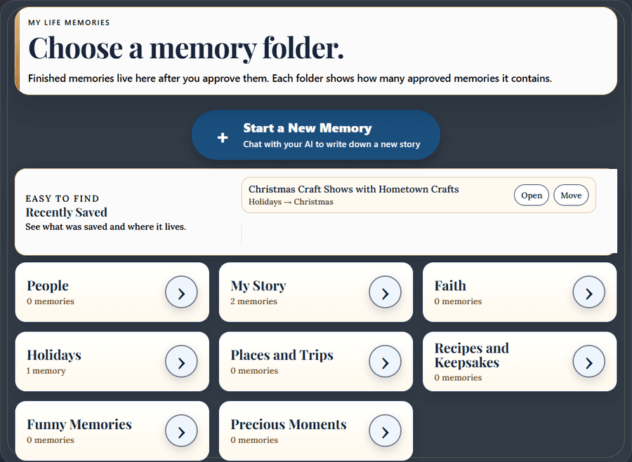 The real My Life Memories screen showing Start a New Memory, one approved Hometown Crafts Recently Saved item, and genuine folders and counts.