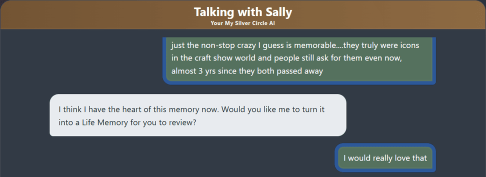 A real My Silver Circle Chat where Sally asks permission to turn the Hometown Crafts story into a Life Memory for review and Tami replies, I would really love that.